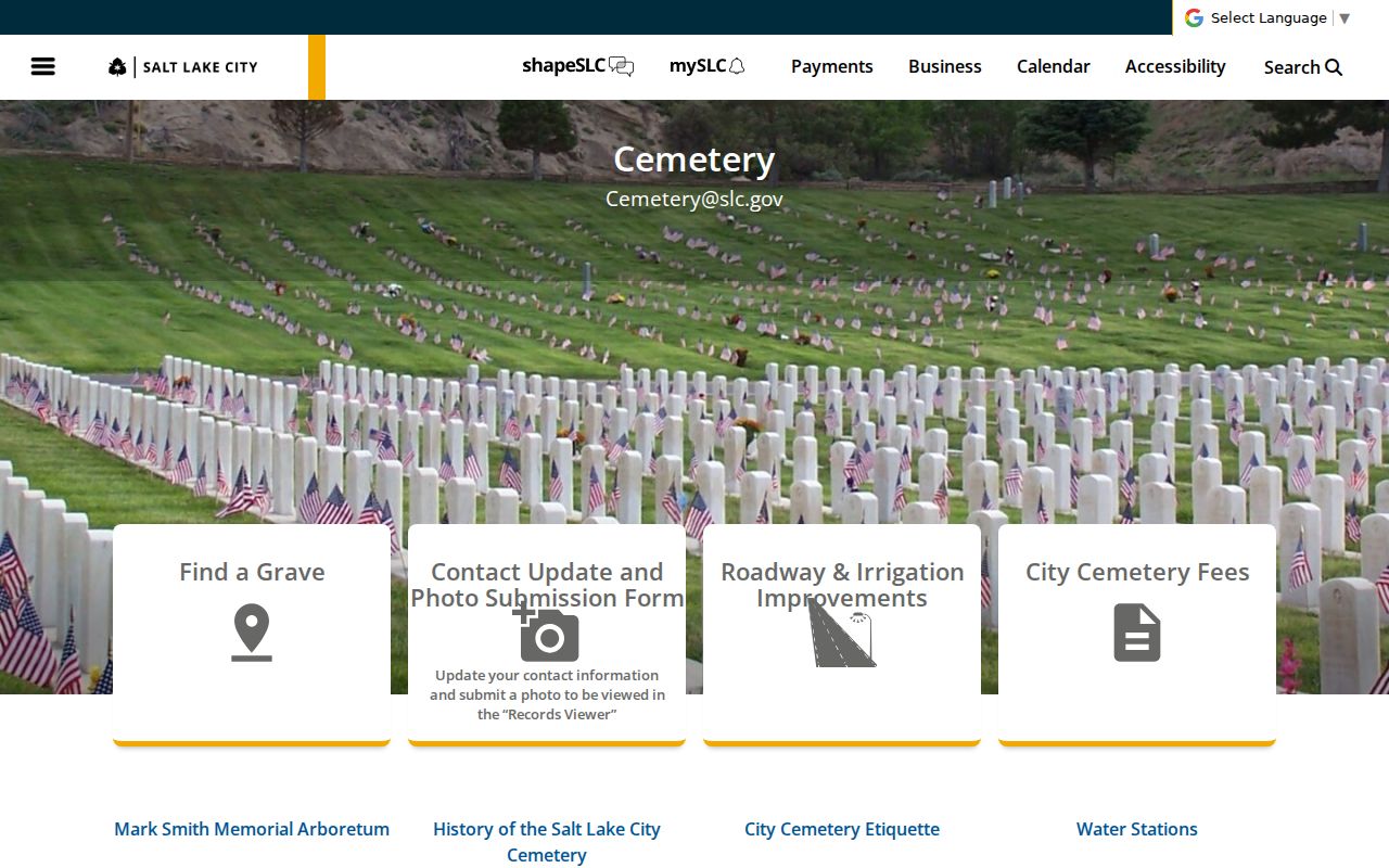 Utah neighbor search view of the Salt Lake City Cemetery map and surname lookup