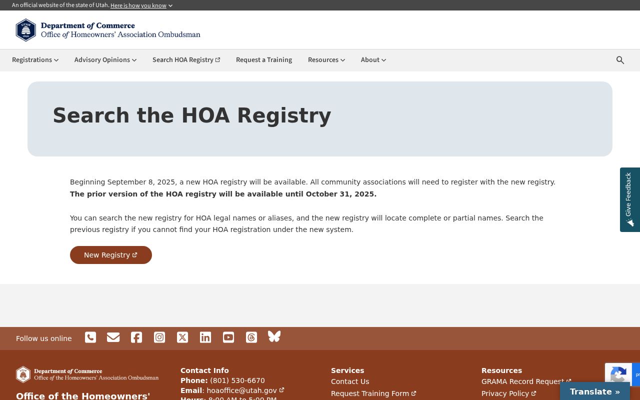 Utah neighbor search view of the state HOA registry legal-name and alias search