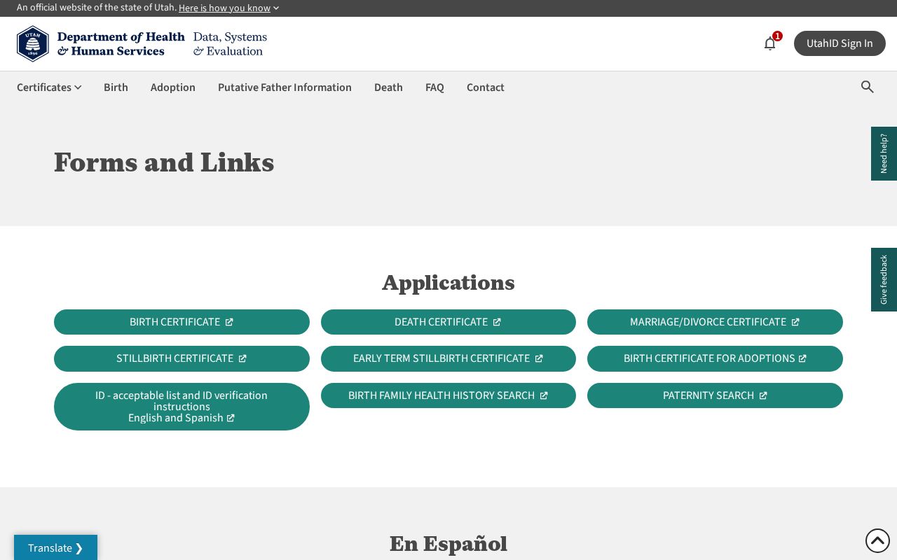 Utah resident lookup view of official birth, death, marriage, and divorce record applications