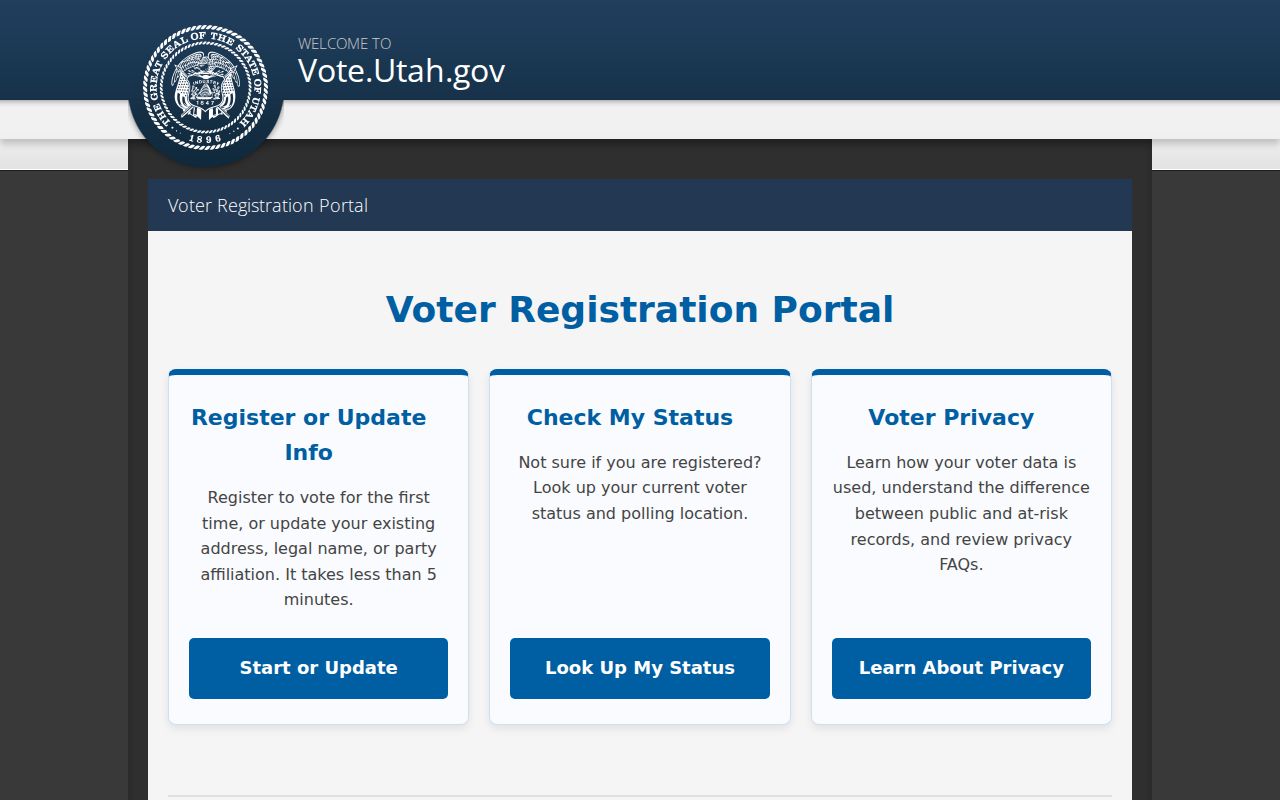Utah resident lookup view of Vote.Utah.gov registration status and polling-place portal